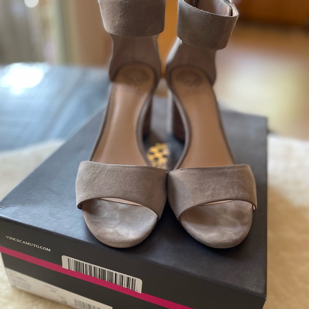Vince Camuto Jannali, size 8 taupe suede, Almond Toe sandals with stacked heel.